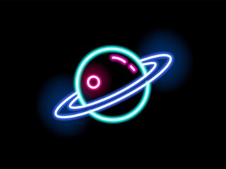 Bright neon light Saturn shape vector flat illustration. Colorful planet with ring symbol isolated on black. Glowing signboard with design elements. Outline sign of globe or satellite © Good Studio