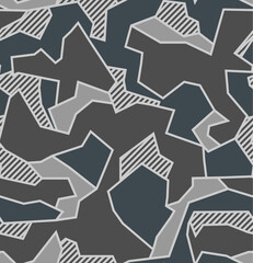 Urban camouflage seamless pattern with polygonal shapes and white diagonal lines. Black, white and gray color.