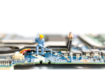 Miniature people working on cpu board, Technology concept