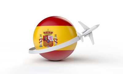 Travel to Spain concept. Airplane flying around flag. 3D Rendering.