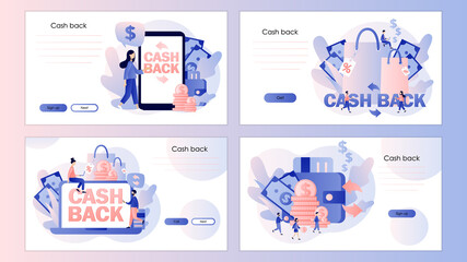 Obraz premium Cash back concept. Money refund, reward program, shopping. Screen template for mobile smart phone, landing page, template, ui, web, mobile app, poster, banner, flyer. Modern flat cartoon style. Vector