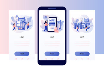 NFC payment, financial transactions, terminal and credit card, online banking. Pos-terminal and payment systems. Screen template for mobile smart phone. Modern flat cartoon style. Vector illustration 