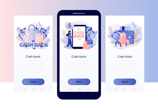 Cash back concept. Money refund, reward program, transfer money, online banking, online shopping, money growth. Screen template for mobile smart phone. Modern flat cartoon style. Vector illustration 