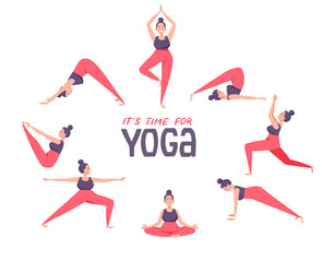 Fototapeta na wymiar Poster with Time for yoga text. Woman practicing yoga. Yoga workout poses. Girl exercising, meditating, doing fitness. Female yoga illustration isolated on white.
