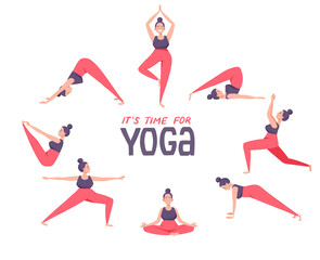 Poster with Time for yoga text. Woman practicing yoga. Yoga workout poses. Girl exercising, meditating, doing fitness. Female yoga illustration isolated on white.