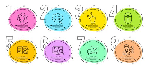 Approve, Yummy smile and Swipe up signs. Timeline steps infographic. Touchscreen gesture, Engineering documentation and Third party line icons set. Seo analytics, Integrity symbols. Vector