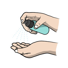 How to use Hand Sanitizer, a hand drawn vector illustration of how to protect hands from bacteria and corona virus by using hand sanitizer properly