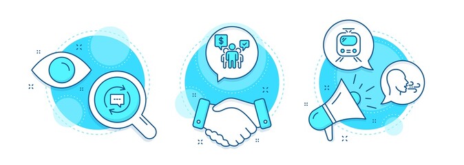 Breathing exercise, Teamwork and Train line icons set. Handshake deal, research and promotion complex icons. Update comments sign. Breath, Employees chat, Tram. Chat speech bubble. Vector