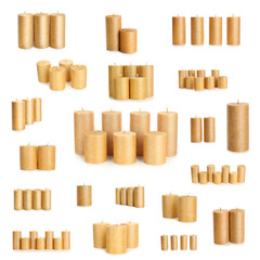 Set of elegant gold candles on white background