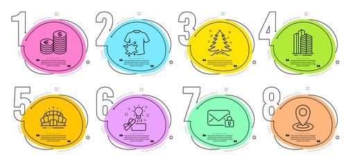 Currency, Skyscraper buildings and Location signs. Timeline steps infographic. Secure mail, Arena stadium and Dirty t-shirt line icons set. Creative idea, Christmas tree symbols. Vector