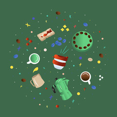 Bright vector flat coffee concept in cartoon style. Set of coffee house objects on green background. Vector illustration with coffee, keep cup, cake, toast, beans, matcha, and 
geyser coffee maker.