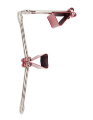 Letter F red binder clips alphabet. Office metal foldback braces. Metal binder clips isolated on...