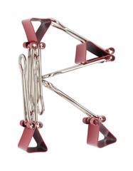 Letter R red binder clips alphabet. Office metal foldback braces. Metal binder clips isolated on...