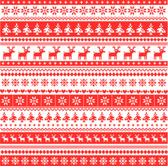 Vintage handicraft knitwear pattern with geomitric symbols. North swedish warm jumper or knitted weater with ethnic elements deer, snowflakes and Christmas tree. Vector illustration.