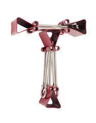 Letter T red binder clips alphabet. Office metal foldback braces. Metal binder clips isolated on...