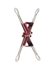 Letter X red binder clips alphabet. Office metal foldback braces. Metal binder clips isolated on white background