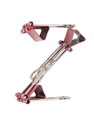 Numeral 2 red binder clips alphabet. Office metal foldback braces. Metal binder clips isolated on white background