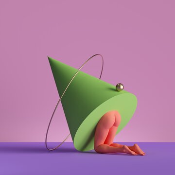 3d render, abstract minimal surreal contemporary art. Geometric concept, green cone, red legs isolated on pink background. Modern fashion composition, visual illusion, funny freak performance