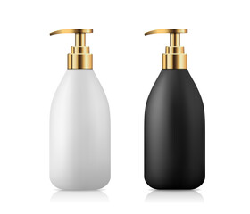 Pump bottle product black and white with gold cap collection design, vector illustration