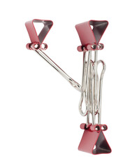 Cyrillic letter Che red binder clips alphabet. Office metal foldback braces. Metal binder clips...