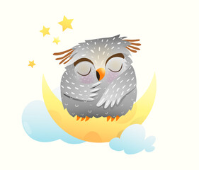 Cute owl sleeping sitting on the moon and night starry sky, baby bird sweet and sleepy dreaming. Watercolor style vector cartoon illustration for kids room decoration or nursery art.