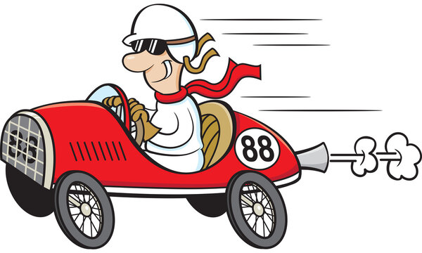Cartoon illustration of a man wearing a helmet and goggles driving a race car.