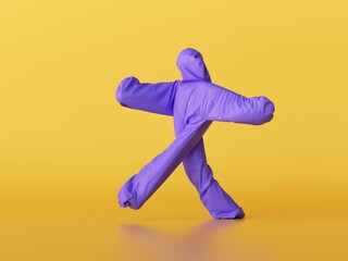 3d render, man wearing unknown violet halloween costume, cartoon character dancing or walking. Silhouette Isolated on yellow background, active pose. Funny textile toy, mascot