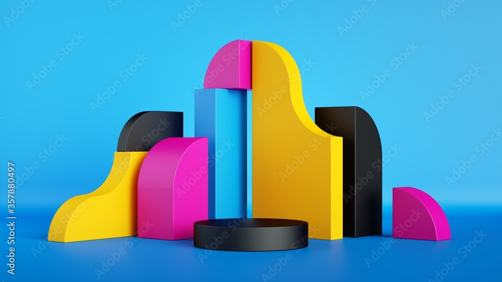 Poster 3d render, abstract colorful primitive geometric shapes, blank product display mockup with empty sta