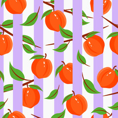 Peaches. Pattern with fruit and blue stripes. Vector illustration.