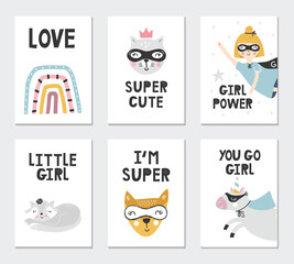 Set of children's posters with superhero characters, animals and lettering. Clip art collection, vector illustration.