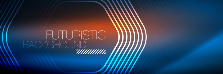 Naklejka premium Shiny neon lines, stripes and waves, technology abstract background. Trendy abstract layout template for business or technology presentation, internet poster or web brochure cover, wallpaper