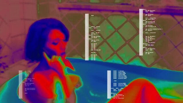 A fake thermal camera effect, showing a woman talking on the phone while taking a bath, together with random source code (assembler language) appearing as an overlay.
