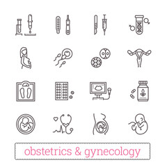 Pregnancy, obstetrics, gynecology thin line icons. Medicine symbols: mother, fetus and newborn healthcare, diagnostic equipment, medical tools. Modern vector design elements. Isolated on white.