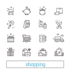 Shopping, commerce and retail thin line icons. Shop symbols: coupons, wish list, delivery track, cash back, goods and gifts. Modern vector design elements. Isolated on white background.