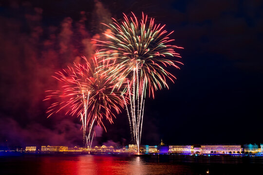 The fireworks and a laser show in the waters of the Neva River in St. Petersburg