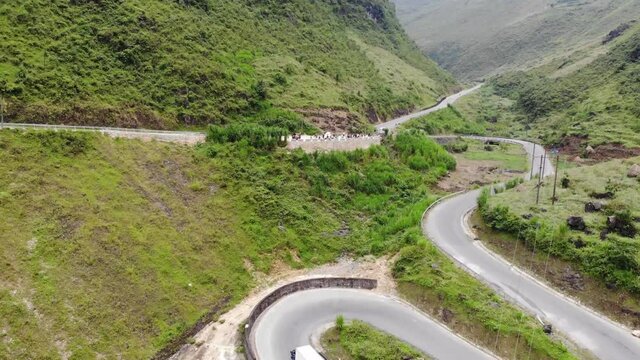 Aerial footage of Tham Ma mountain pass in Ha Giang province, north of Vietnam. Quan Ba heaven gate is legendary road of happiness gateway to the Dong Van geological park Ha Giang