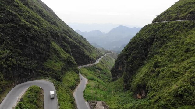 Aerial footage of Tham Ma mountain pass in Ha Giang province, north of Vietnam. Quan Ba heaven gate is legendary road of happiness gateway to the Dong Van geological park Ha Giang