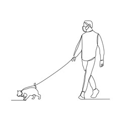 Continuous line drawing of man wearing mask walking with pet. Vector illustration
