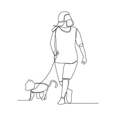 Continuous line drawing of woman wearing mask walking with pet. Vector illustration