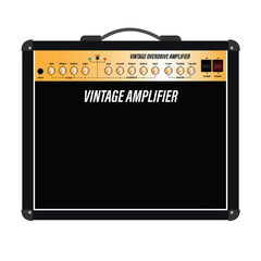Isolated black electric guitar amplifier, cabinet equipment for musician flat logo or icon style, print for tee-shirt and graphic design, Musical instrument sales business. vector and illustration.