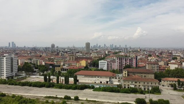 Europe, Italy , Milan June 2020 - Drone aerial view of skyline of Milan downtown from  Prada Foundation art exposition 