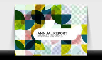 Horizontal A4 business flyer annual report template, circles and triangle style shapes modern geometric design for brochure layout, magazine or booklet