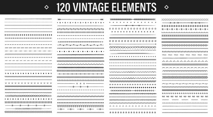 Set of 120 Hand drawn design elements. Vintage line elements. Decorative drawing badges. Decoration, banners, swirls divider, emblems, arrows. Vector illustration.