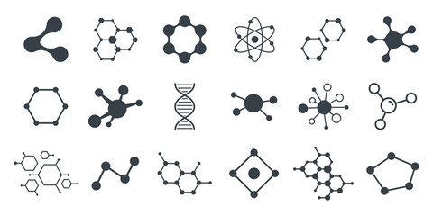 Set of molecule badge. Connected hexagonal molecule badge. Molecular structure. DNA connect diagram. Medical label or icons. Vector illustration.