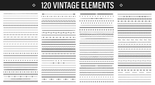 Set of 120 Hand drawn design elements. Vintage line elements. Decorative drawing badges. Decoration, banners, swirls divider, emblems, arrows. Vector illustration.