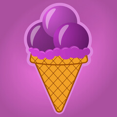 Three balls and cone. Tasty and sweety purple ice cream.