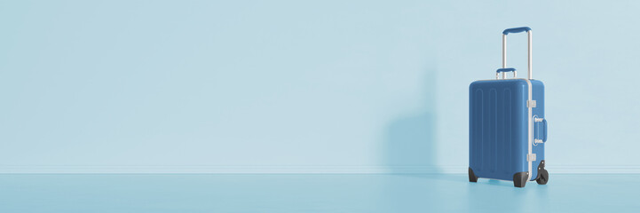 Blauer Koffer vor Wand als Reise und Urlaub Konzept