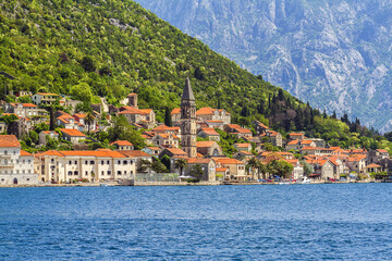 Fototapeta premium Beautiful landscape of Perast - historic town on the shore of the Boka Kotor bay (Boka Kotorska), Montenegro, Europe. Kotor Bay is a UNESCO World Heritage Site.