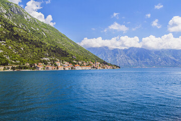 Fototapeta na wymiar Beautiful landscape of Perast - historic town on the shore of the Boka Kotor bay (Boka Kotorska), Montenegro, Europe. Kotor Bay is a UNESCO World Heritage Site.
