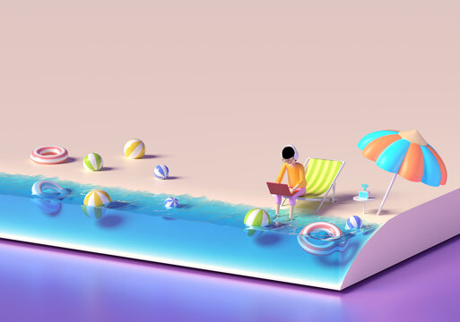 A man working on a laptop on a beach chair in the summer. The concept of relaxing outside on the beach. young listening to music with headphones radio wifi. online social lifestyle. 3D illustrator.